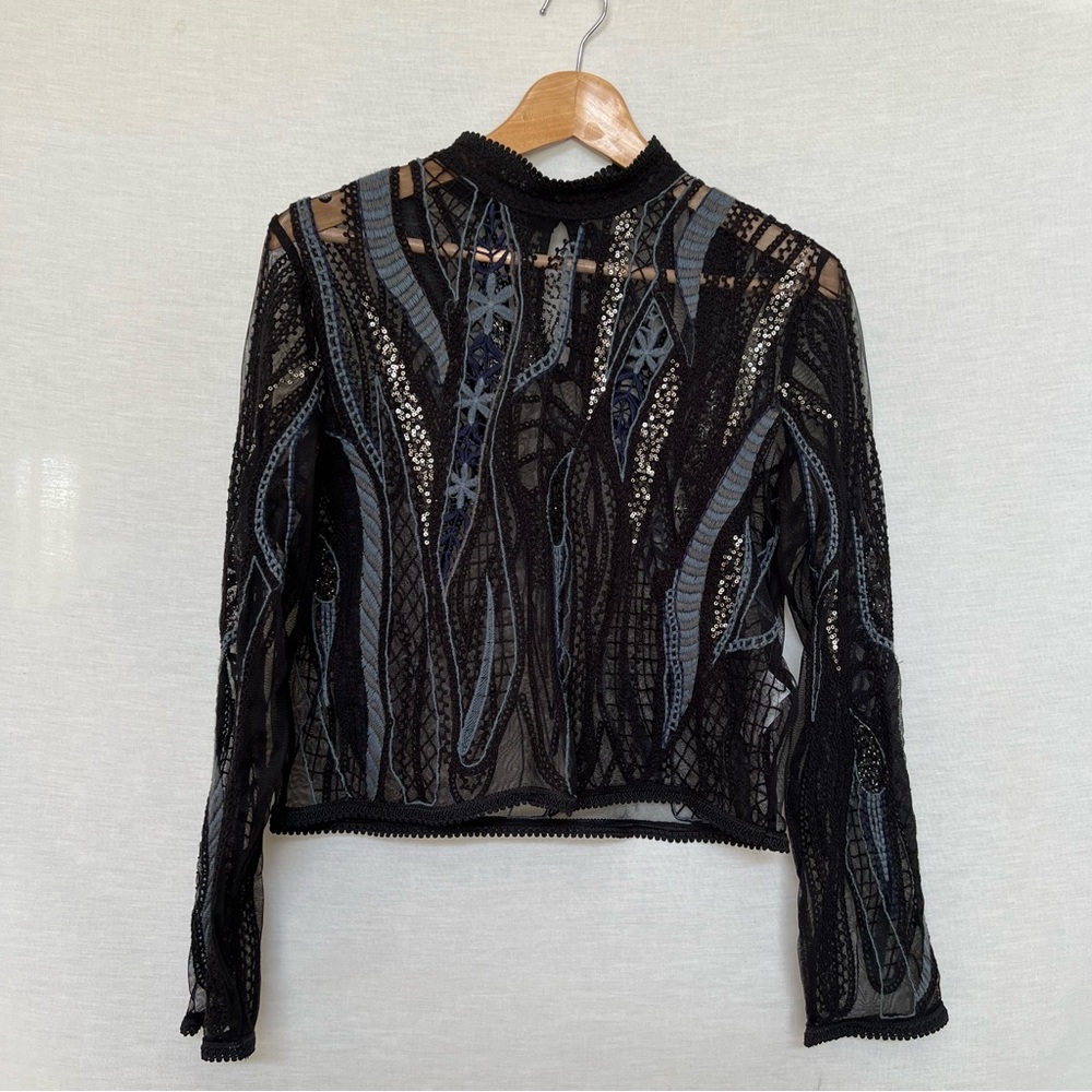 Zara Black and Blue Crochet Sheer High Collar Blouse with Sequins